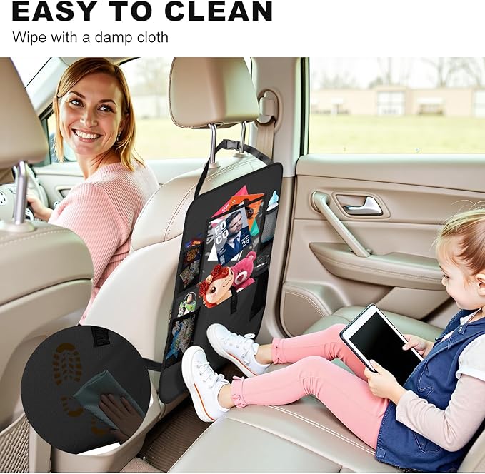 Car Backseat Organizer with Tablet Holder, 6 Storage Pockets Seat Back Protectors Kick Mats for Kids, Car Seat Protector for Road Trips 2 Pack (Black)