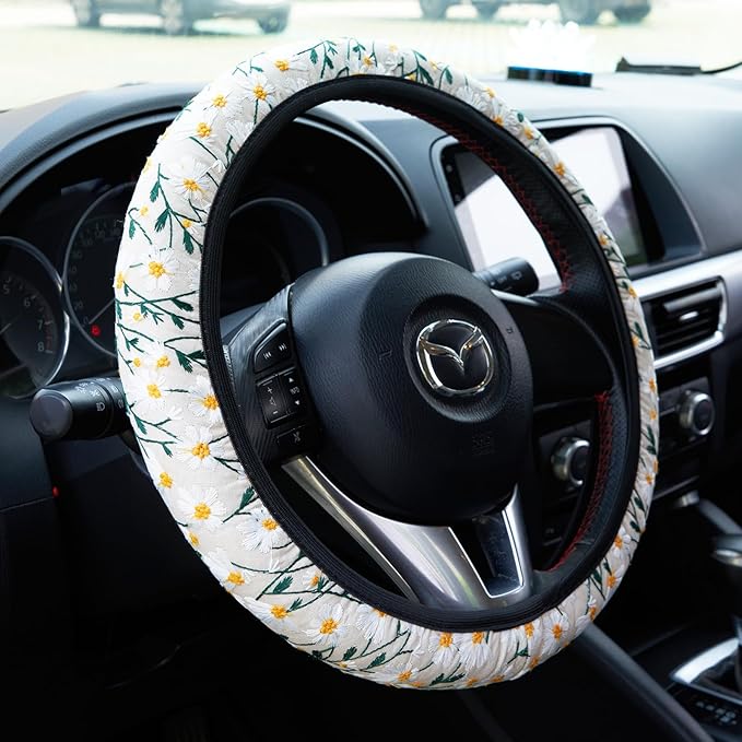 Embroidered Flowers White Cute Daisy Steering Wheel Cover Auto Anti-Slip Breathable Steering Wheel Protector,Floral Car Accessories for Women,Universal Size Fit Most Cars -15 inch