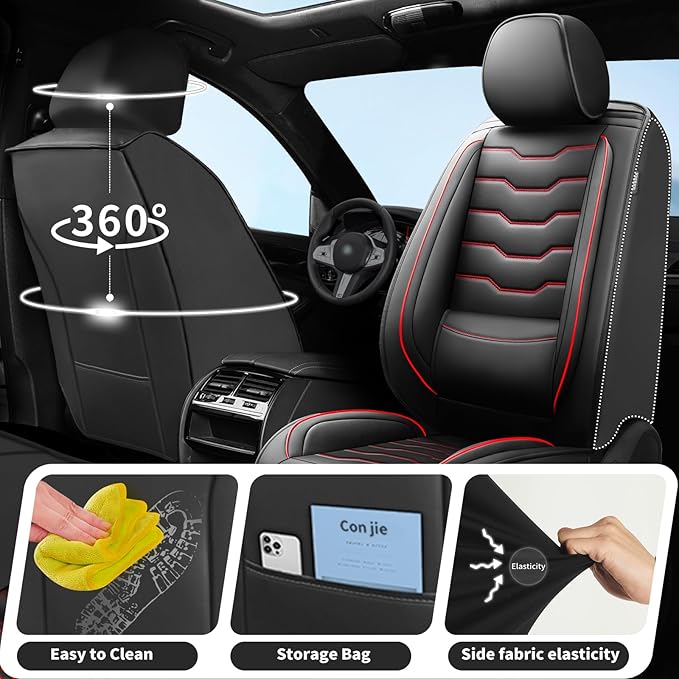 Fit Murano Car Seat Covers Compatible with Nissan Murano 2004-2025 2026 - Premium Leather，Waterproof Breathable，All-Weather Seat Cushion Protecto&Airbag Compatible (2 Front Seat Red Line Black)