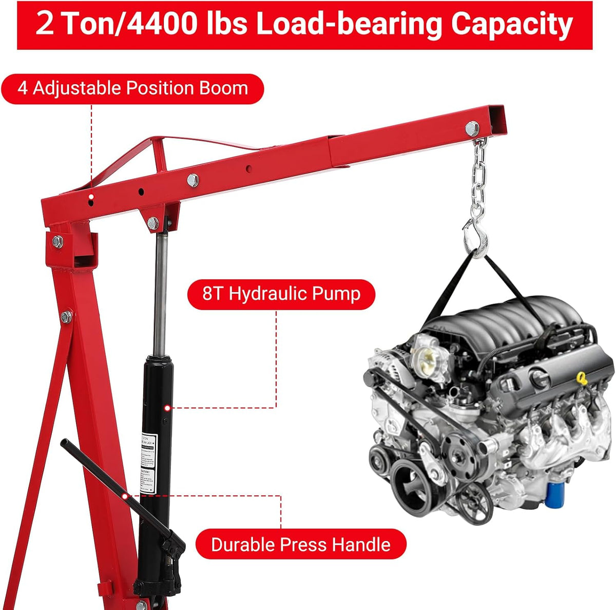 2 Ton Engine Hoist, Folding Cherry Picker Engine Hoist with Lever and 6 Casters, 4400lbs Heavy Duty Hydraulic Shop Crane, Engine Crane Lifter for Workshops Garage Warehouse