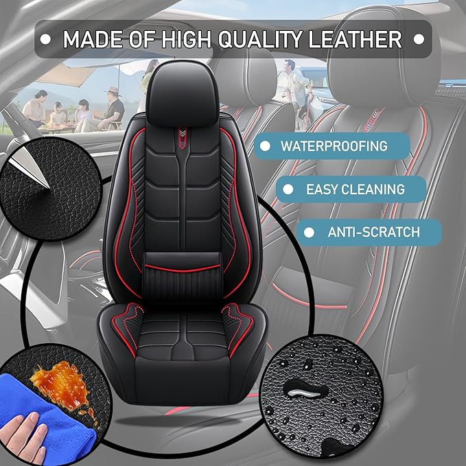 Leather Car Seat Covers Fit for Toyota Yaris Sedan 2019-2020, 5 Seater Car Seat Cover, Premium Waterproof, Scratch Resistant Car Interior Accessories (Full Set Black Red)