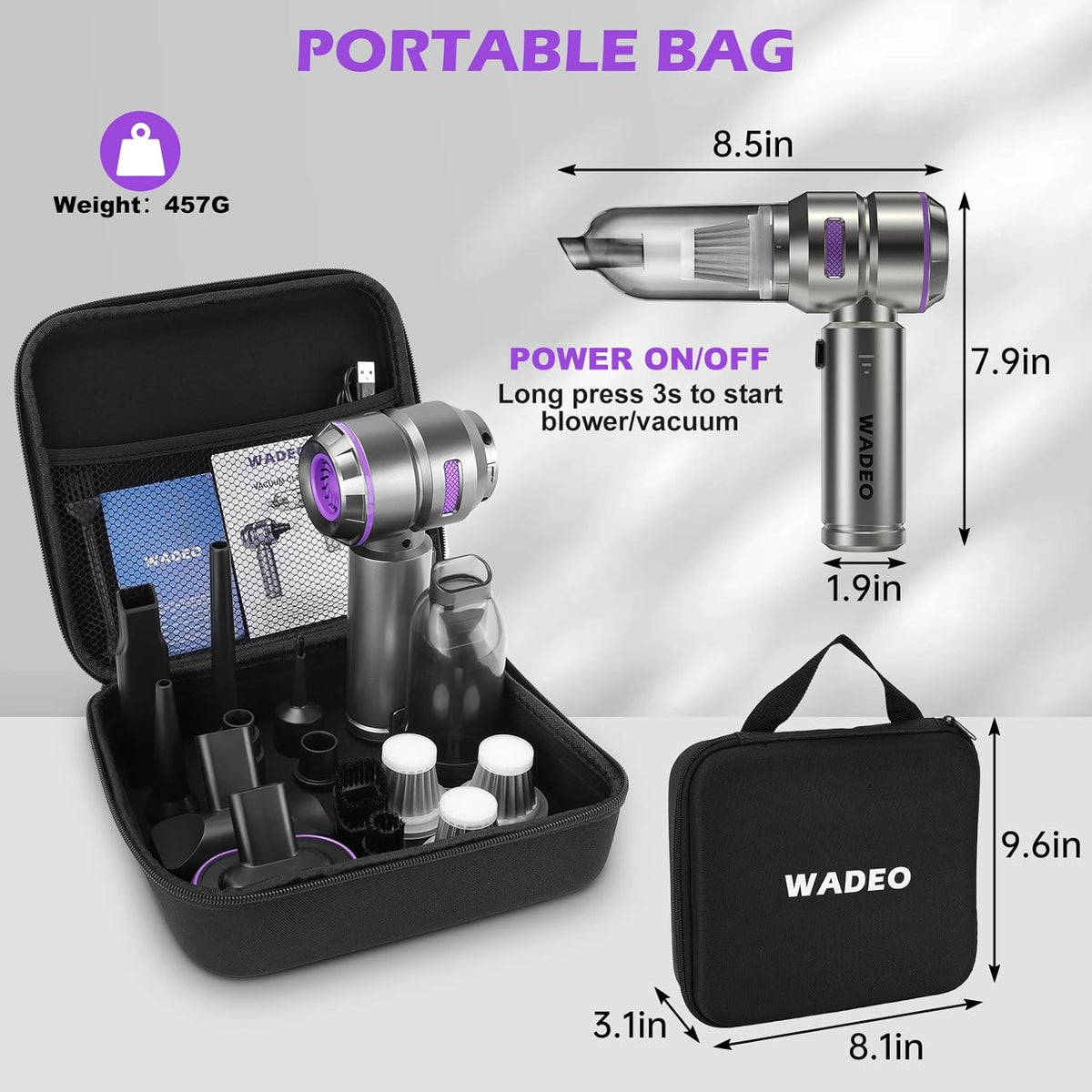 WADEO Handheld Vacuum Cordless, 4-in-1 21000PA Brushless Car Vacuum & 210000RPM Air Duster 7500mAh Battery Air Blower Wireless Handheld Vacuum for Car, Office and Home Cleaning