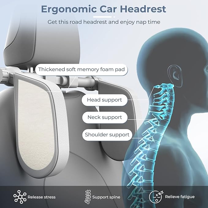 Yoocaa Car Headrest Pillow, Road Pal Headrest, Adjustable Car Seat Head Neck Support, U Shaped Car Sleeping Pillow for Kids & Adults (Grey)