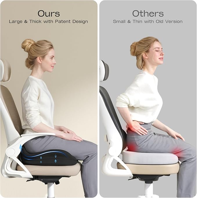 Seat Cushions for Office Chairs - Patented Coccyx Cushion for Tailbone Pain - 21.2" W x 16.5" L Memory Foam Extra Large Seat Cushion, Removable & Machine Washable Cover (Black)