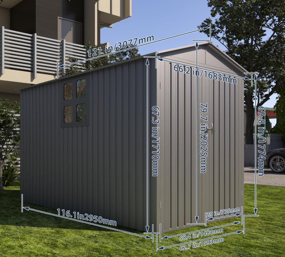 Motorcycle Steel Storage Shed with Window,Outdoor Weather-Resistant Storage Box for Bikes, Tools, Sports Equipment,Easy Assembly, No Tracks or Fixtures Needed, 121" W Gray