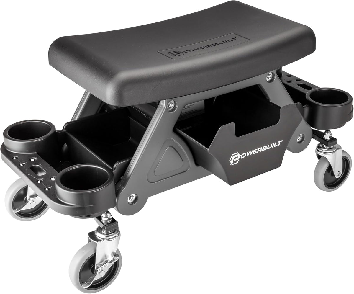 Powerbuilt Heavy-Duty Utility Rolling Seat Upgraded with Padding, Sturdy Locked in Trays, Premium Wheels for Garage Work - Grey 642924ECE