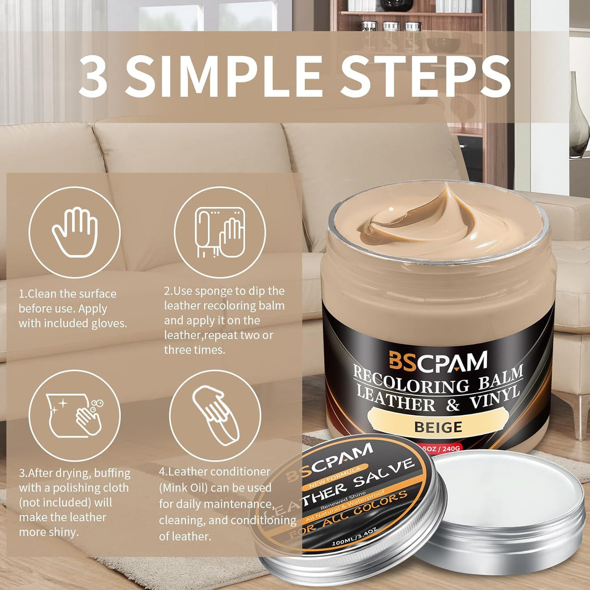 Beige Leather Recoloring Balm with 100ml Mink Oil,Leather Couch Scratch Remover,Leather Repair kit for Vinyl Furniture and Car Interior,Leather Dye Paint,Mink Oil for Leather