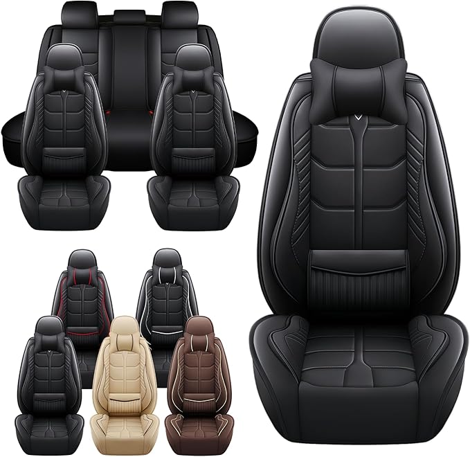Leather Car Seat Covers Fit for Toyota Highlander 2001-2024, 5 Seater Car Seat Cover, Premium Waterproof, Scratch Resistant Car Interior Accessories (Full Set with Pillow Black)