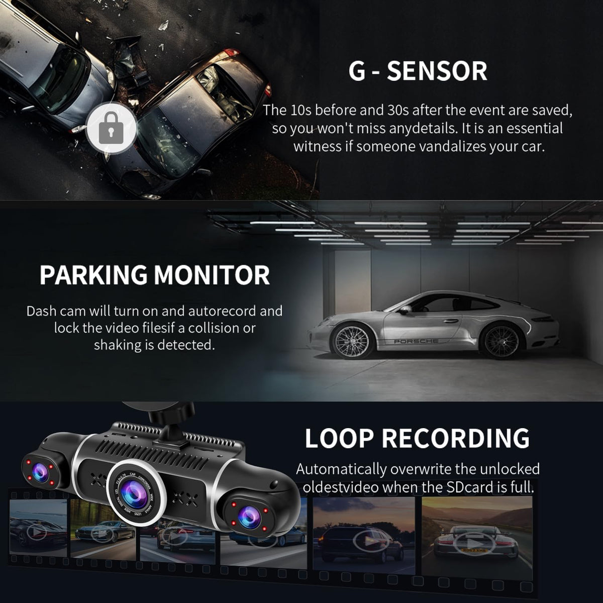 360° Dash Cam Front and Rear View 4 Channel Dash Camera FHD 2K+1080Px3 for Car, Inside/Back 170°+2x150°+170° Wide Angle, 8 IR Lamps Night Vision,WiFi,GPS, APP,G-Sensor with 64GB Card,24/7 Parking Mode
