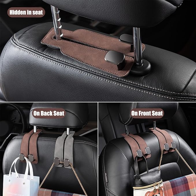Car Headrest Hooks for Purses and Bags, Double Flexible Leather Hooks Car Accessories Interior for Women Men, 2 in 1 Back Seat Hook Car Organizer and Storage Car Essentials Organization Car Must Haves