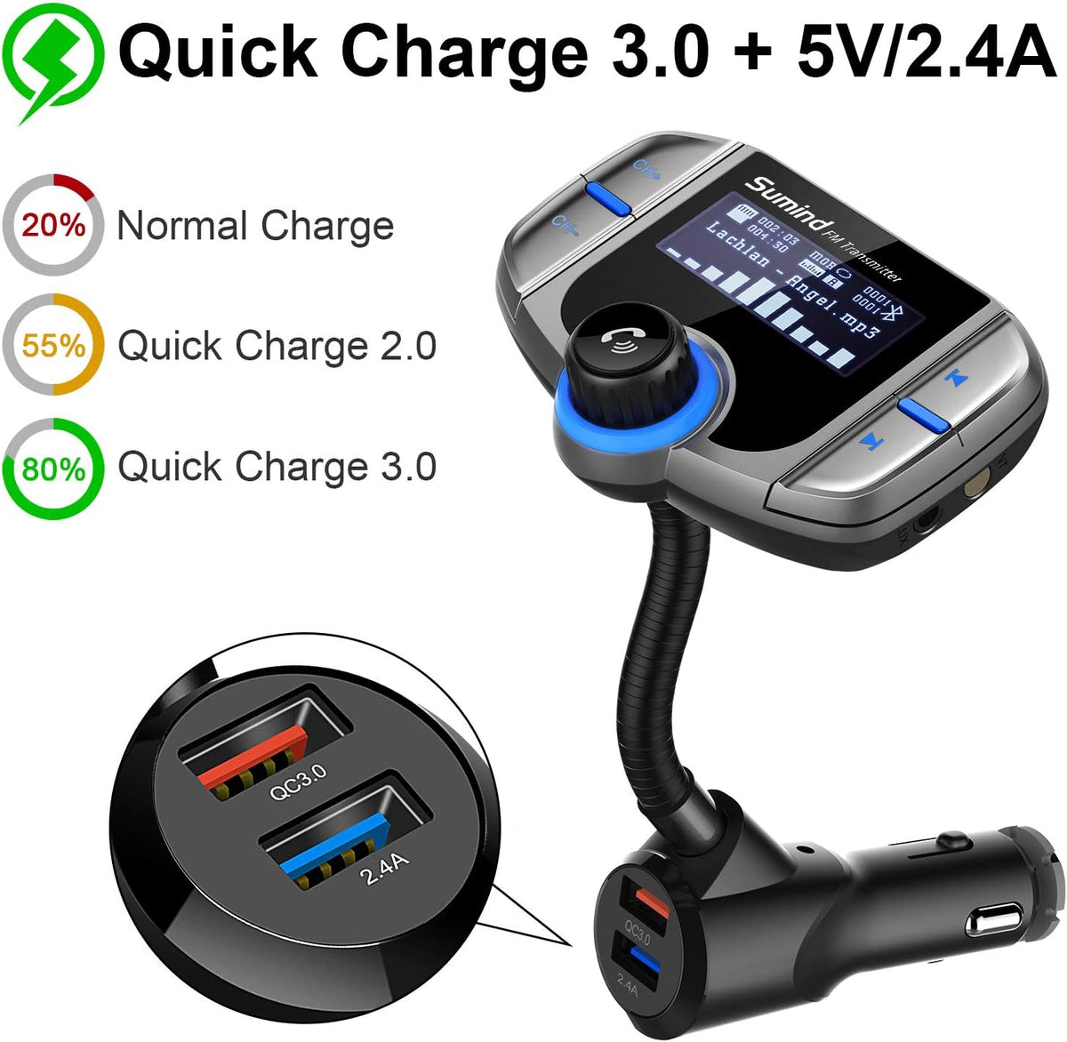 Upgraded Bluetooth FM Transmitter, Wireless Radio Adapter Hands Free Car Kit with 1.7'' Display, QC3.0 and Smart 2.4Amp Dual USB Ports, AUX Input/Output, TF Card Mp3 Player (Normal, Sliver Grey)