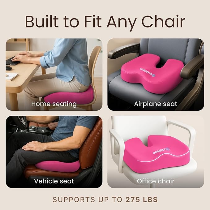 Sleepavo Office Chair Cushion - Seat Cushion for Tailbone Pain Relief - Butt Pillow for Coccyx, Sciatica, and Lower Back Pain - Orthopedic Chair Pad for Lumbar Support in Office Desk (Pink)