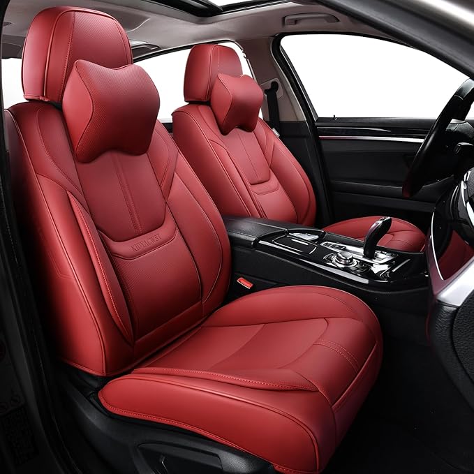 Auto Car Seat Covers Accessories Front Seat Leather Cushion Protector Breathable Waterproof Seat Cover for Cars Universal Fit (Wine, Front Pair)