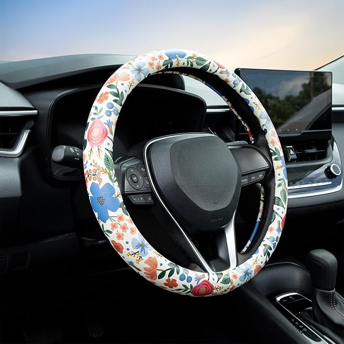 Wild Rose Steering Wheel Cover Auto Jacquard Steering Wheel Protector, Anti-Slip, Breathable, Absorbing Sweat, Universal Car Accessories 14.5–15 inch,Fit for Most Car, Trucks, SUV