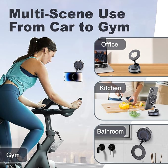 Vacuum Magnetic Car Phone Holder, 360° Adjustable Magsafe Car Mount with Strong Suction Cup for iPhone Android All Smartphones，Foldable Magnetic Phone Holder for Car/Gym/Mirror/Smooth Surface