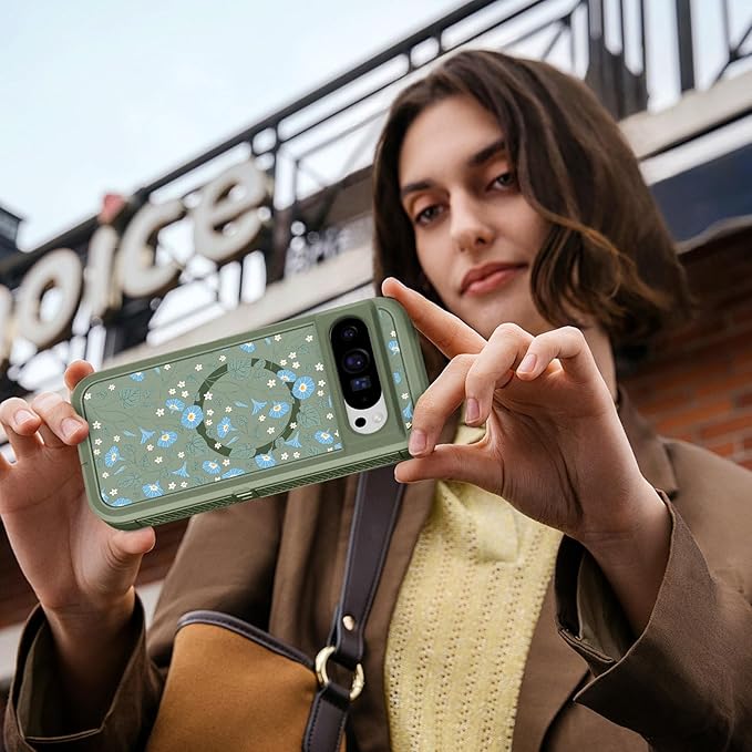 for Google Pixel 9 Pro XL Case - Compatible with MagSafe Women Cute Girls Magnetic Protective Cover Blue Flowers Floral Unique Design Heavy Duty Shockproof Phone Case for Pixel 9 Pro XL 6.8"