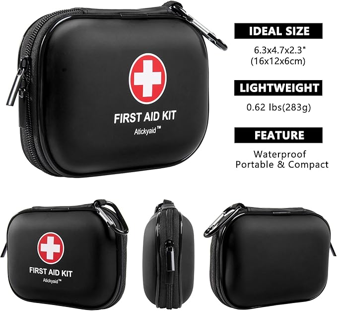Mini First Aid Kit - 120 Piece Small Waterproof Hard Shell Medical Kit for Car, Home, Office, Travel, Camping, Sports, Outdoor, School - Emergency First Aid Supplies and Survival Kit (Black)