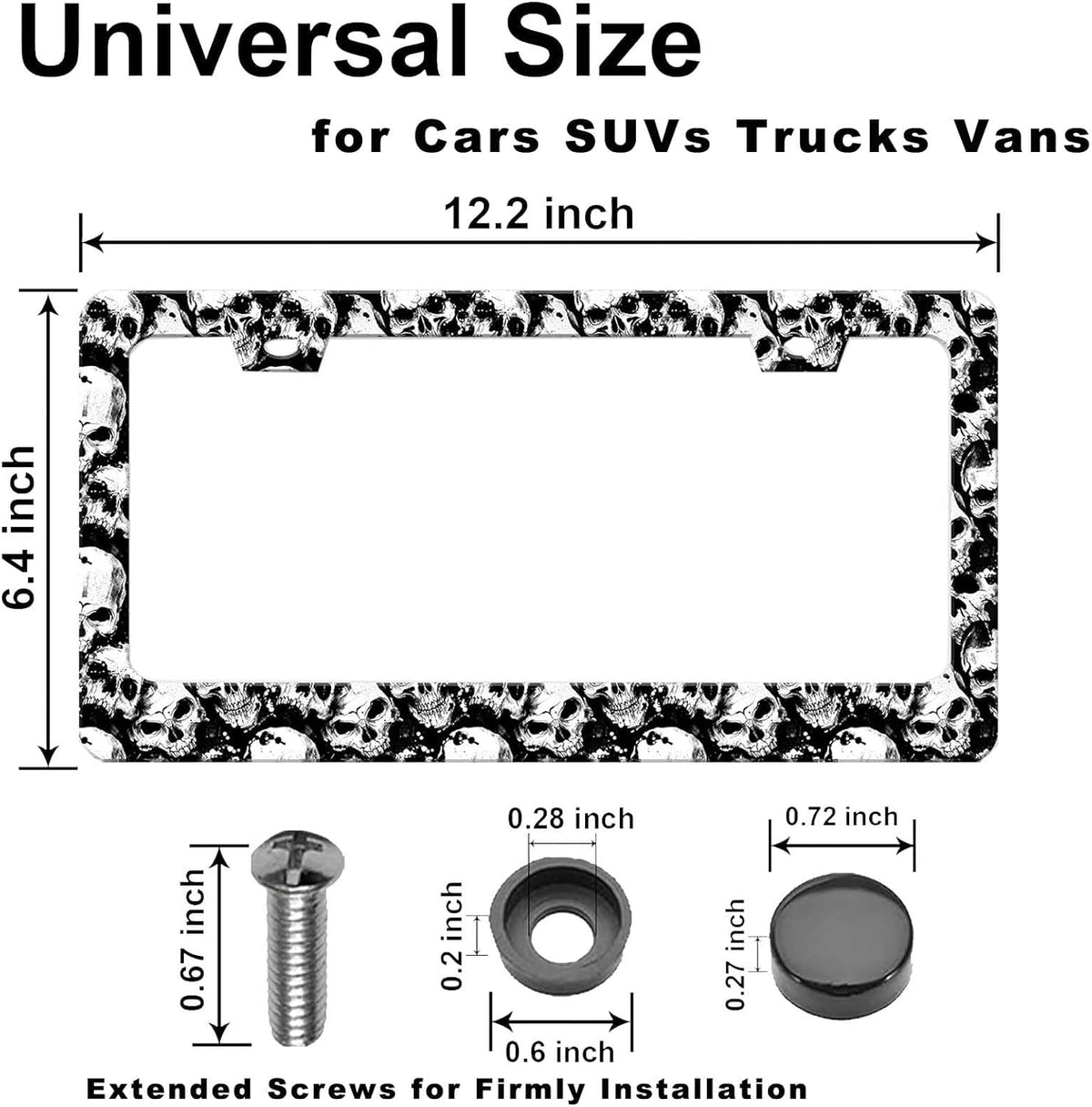 Skull License Plate Frame Black and White Skull License Plate Holder Cool Auto Accessory Car Decor Bracket Aluminum License Tag Plate with Anti-Theft Screw Caps-1Pcs