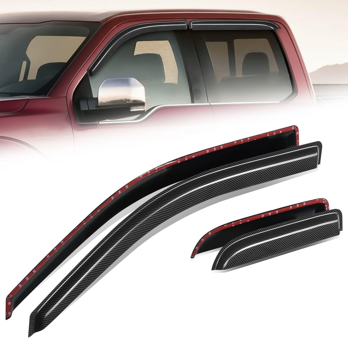 Auto Dynasty 4Pcs Carbon Fiber Pattern Window Visors Compatible with 2004-2014 Ford F150 Extended Cab 4-Door, Tape-On Front & Rear Window Deflectors Rain Guards Sun Air Side Vent Shade, Glossy Black