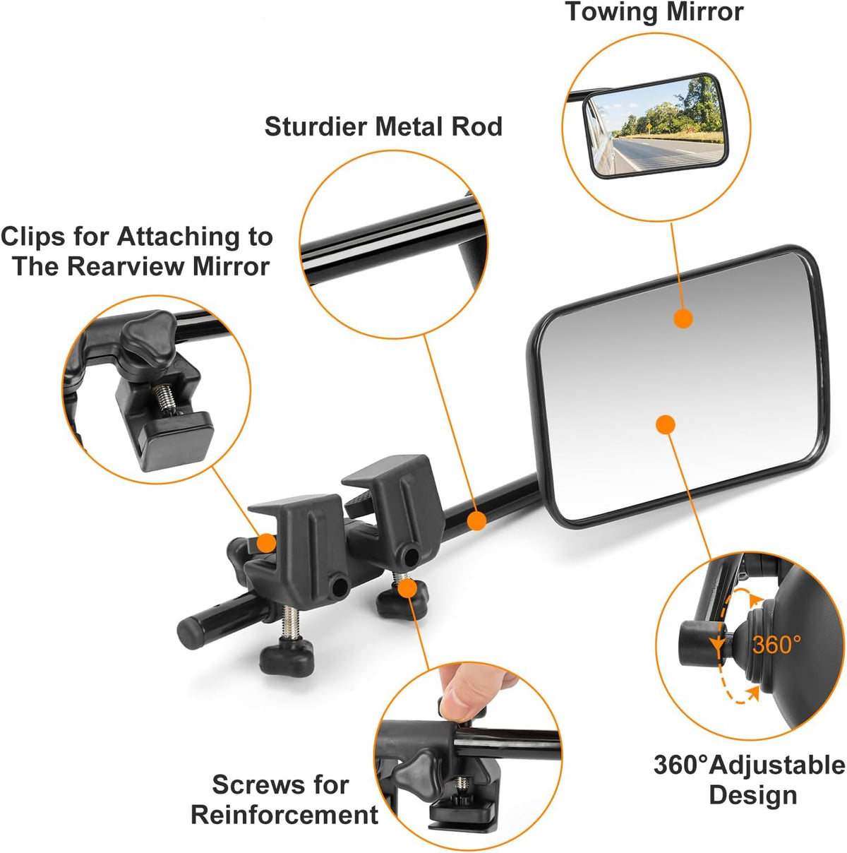 Clip-On Mirror Extenders for Towing - 360° Adjustable Side Mirror Extensions with Flat Locking Design，Tool-Free Installation compatible with RV, SUV, Trucks, Vans, Trailers (1 Pair)