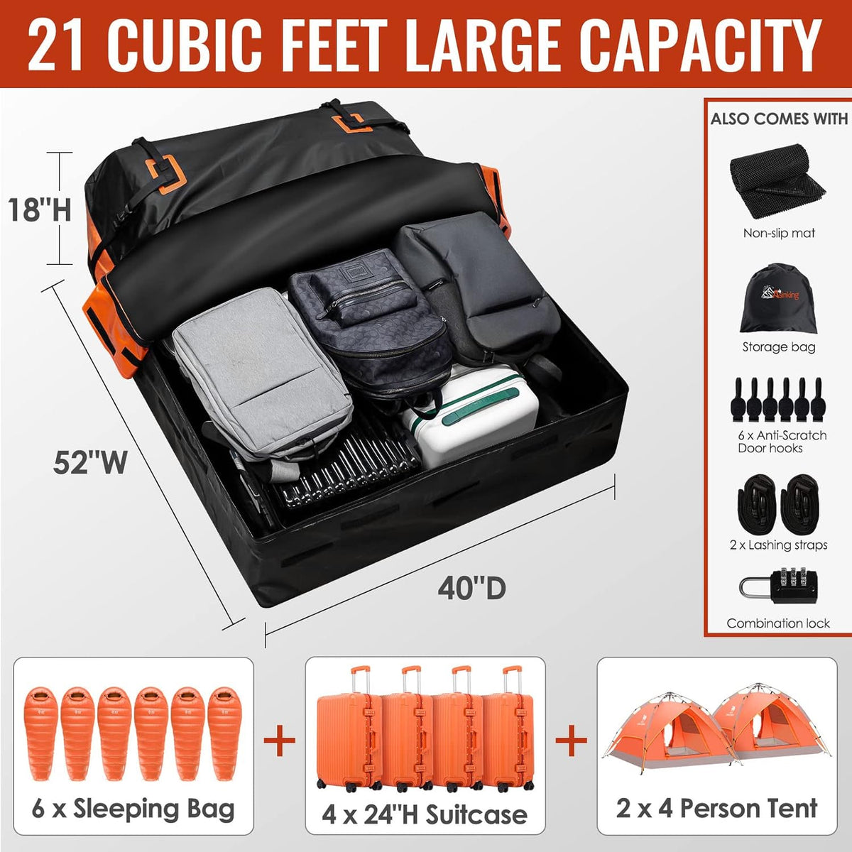 Car Rooftop Cargo Carrier - 21 Cubic Feet, 100% Waterproof Heavy Duty 840D Car Roof Bag for All Vehicles with/Without Racks - Anti-Slip Mat, 6 Door Hooks, Storage Bag, 2 Extra Straps