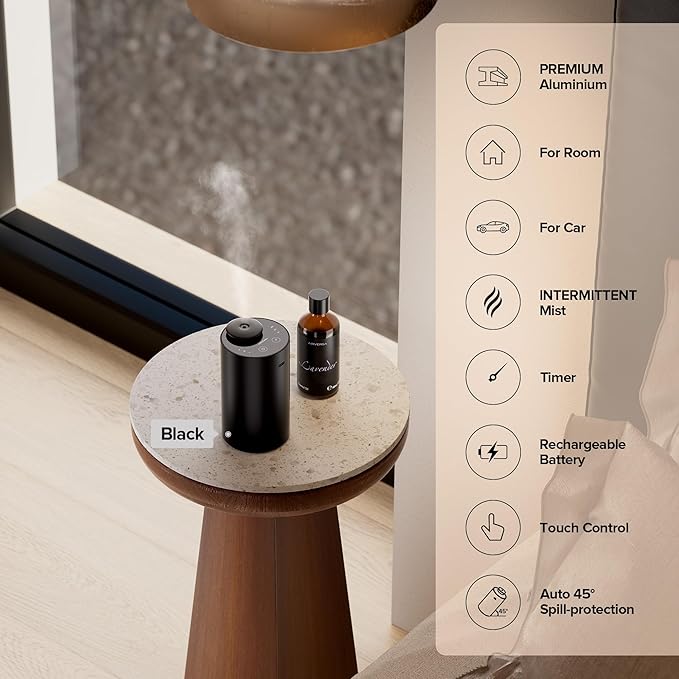 Airversa Waterless Essential Oil Diffuser for Home Aromatherapy Scent Diffusers with 3 Countdown Timer Settings or Timer-Off, 3 Mist Levels for Car Room Studio Office, ANX Premium Metal Spce Grey