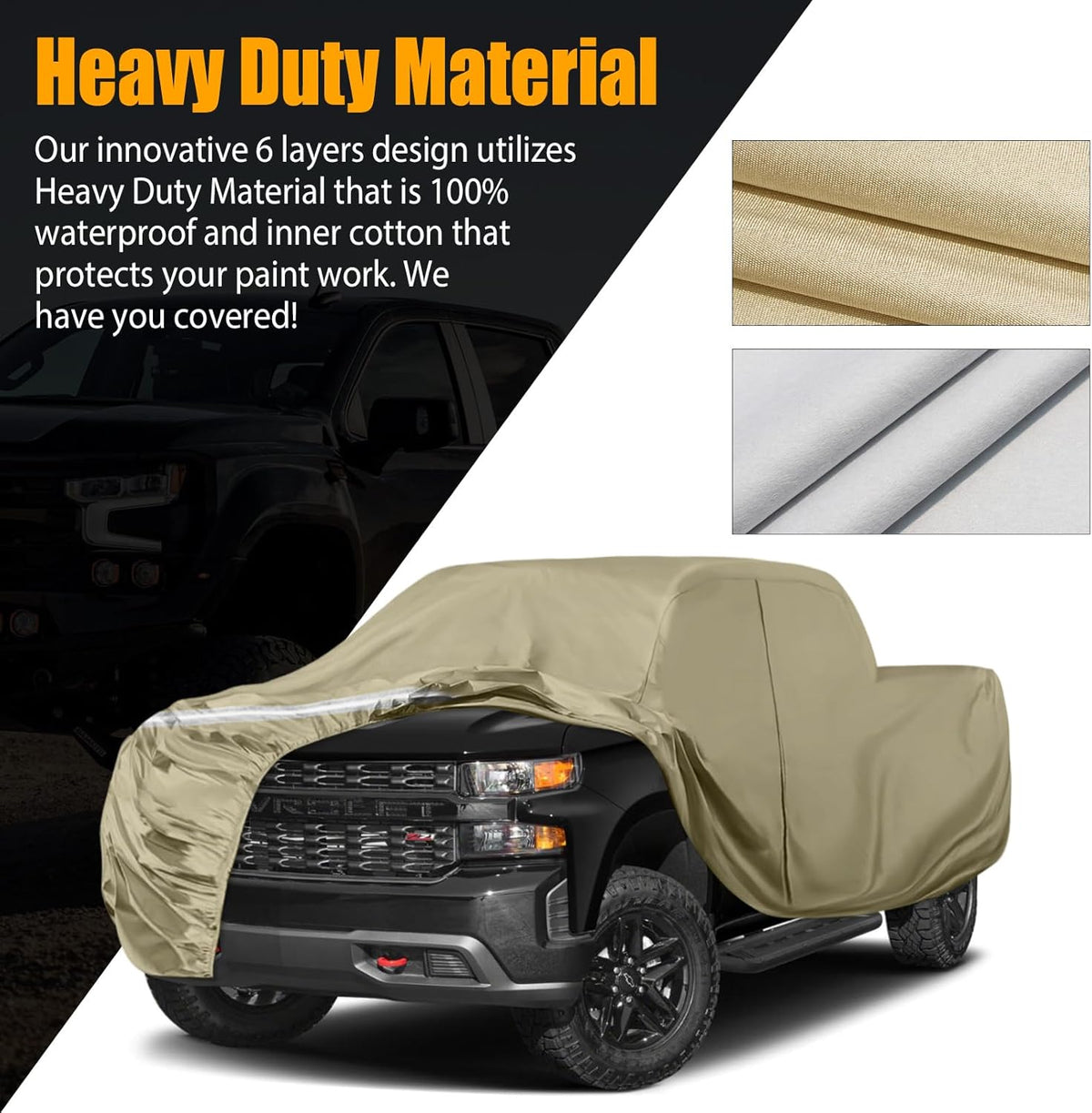 Waterproof Truck Covers Replace for Ford F150 / Dodge Ram 1500 CrewCab 6.5 ft, Multilayer Heavy Duty with Cotton Liner Truck Cover with Zipper Door, Windproof Bands for Snow Rain Dust Protection