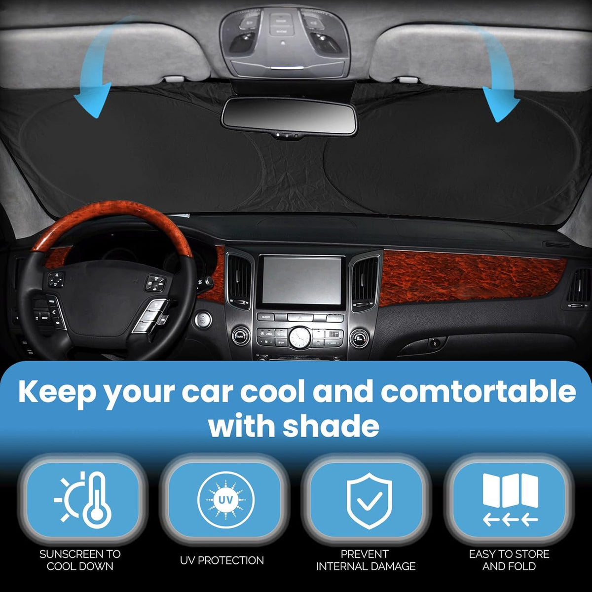 Custom fit Audi Q5 Windshield Sunshade for 2014 2015 2016 2017 Audi Q5/SQ5, Sportback SUV Shades Cover for Windshield Sun Visor Screen Protector 210T Reflective Blocks UV Rays Cool Car Accessories