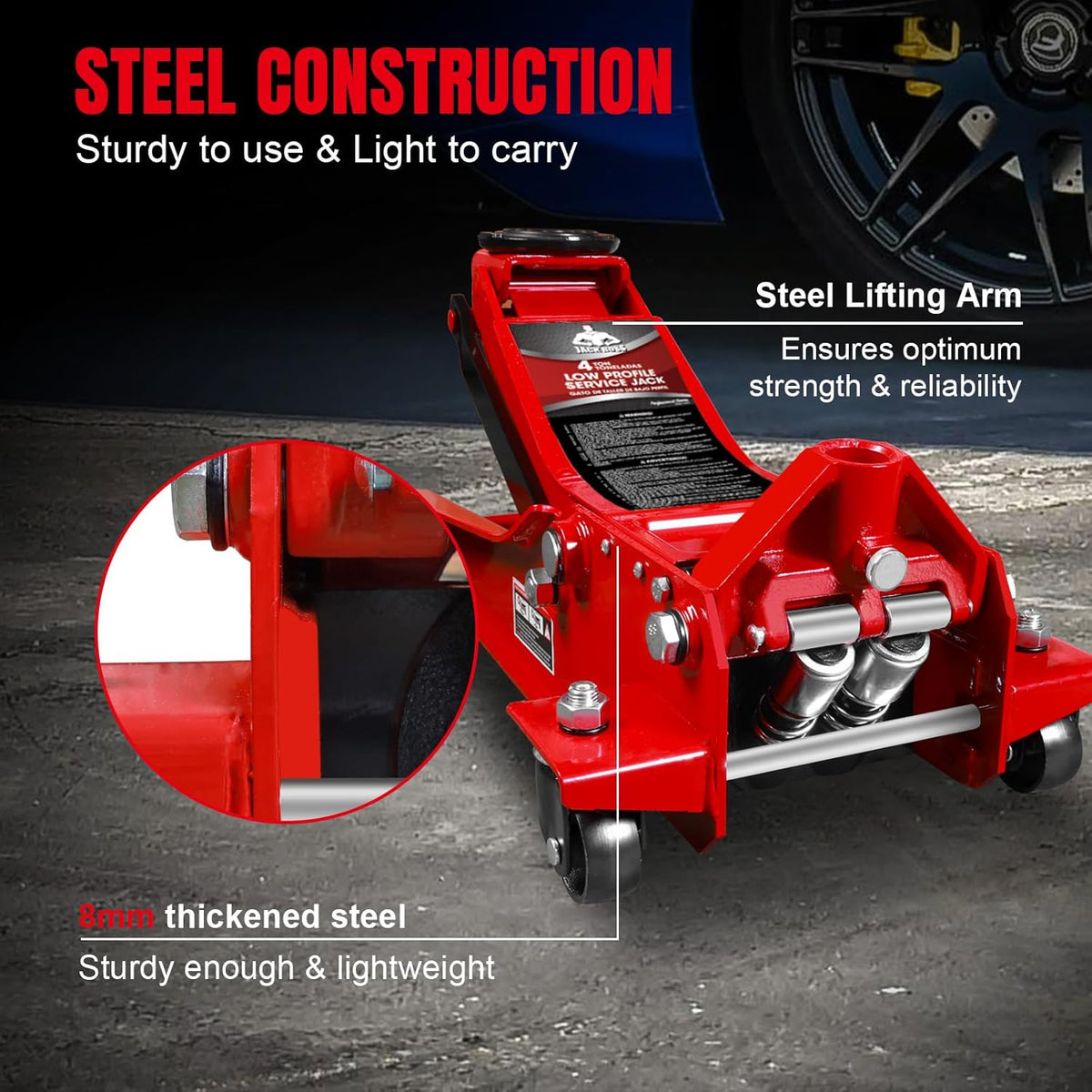 4 Ton Floor Jack Hydraulic Low Profile Floor Jack with Dual Piston Quick Lift Pump, 4 Ton (8,800 lbs) Capacity, Red