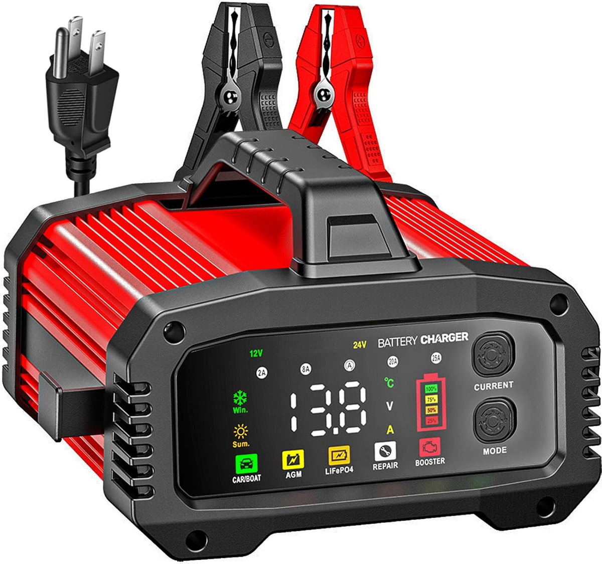 25A Battery Charger, 2/8/20/25 Amp 12V/24V LiFePO4 Lead Acid Fully Automatic Battery Maintainer with Engine Start, 8-Stage Car Battery Trickle Charger, Desulfator for AGM,STD,Gel,Deep Cycle Batteries