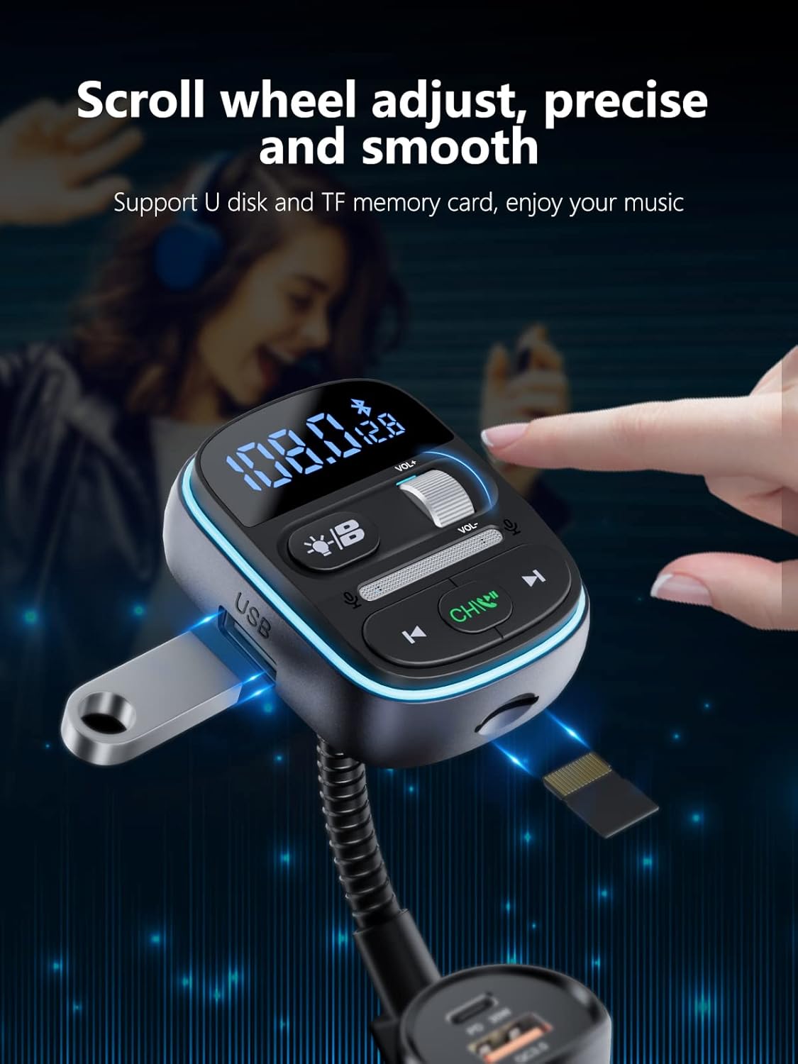 LENCENT Bluetooth FM Transmitter PD 30W, Bluetooth Car Adapter with QC3.0 Fast Charger, Hi-Fi Bass Music, Wireless Radio Receiver Hands-Free Calling, [Color Light]