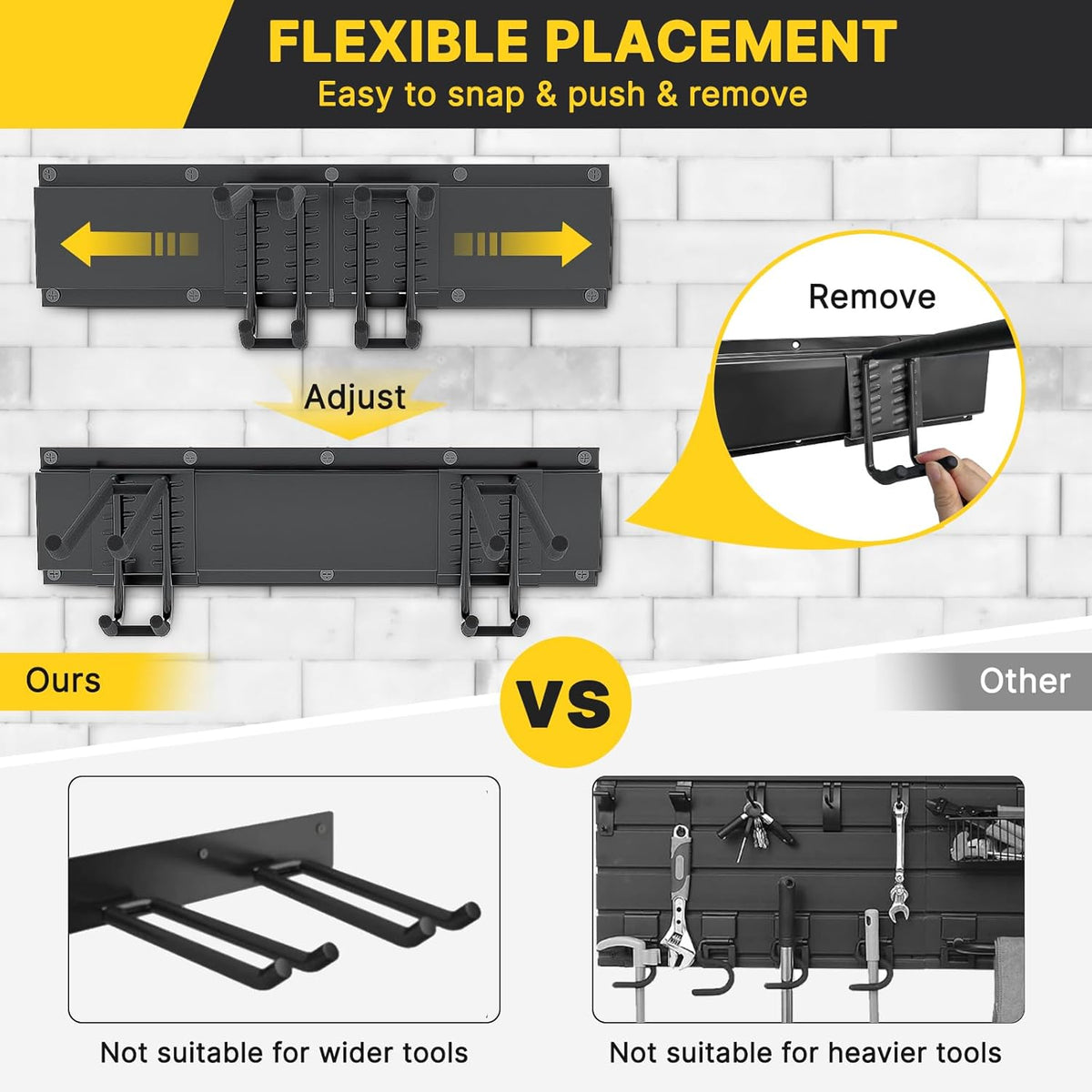 Garage Organization, Garage Tool Organizer Wall Mount with 48 inches Rails and 6 Double-layer Hooks, Tool Organizer Rack For Yard Tools, Shovel, Chair, Snowborad