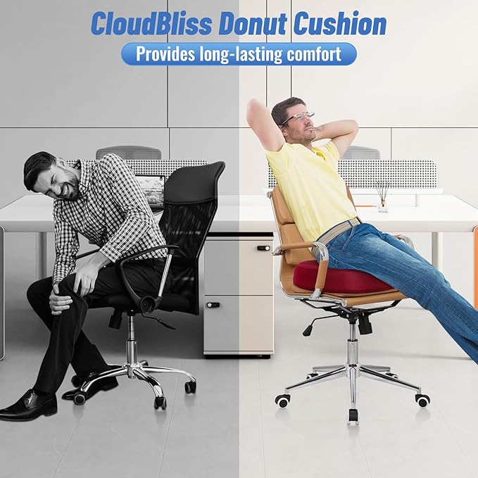CloudBliss Donut Pillow Seat Cushion Chair Pad for Tailbone Pain Relief and Hemorrhoids, Memory Foam Seat Chair Cushion for Men and Women for Home & Office, (Red-XL)