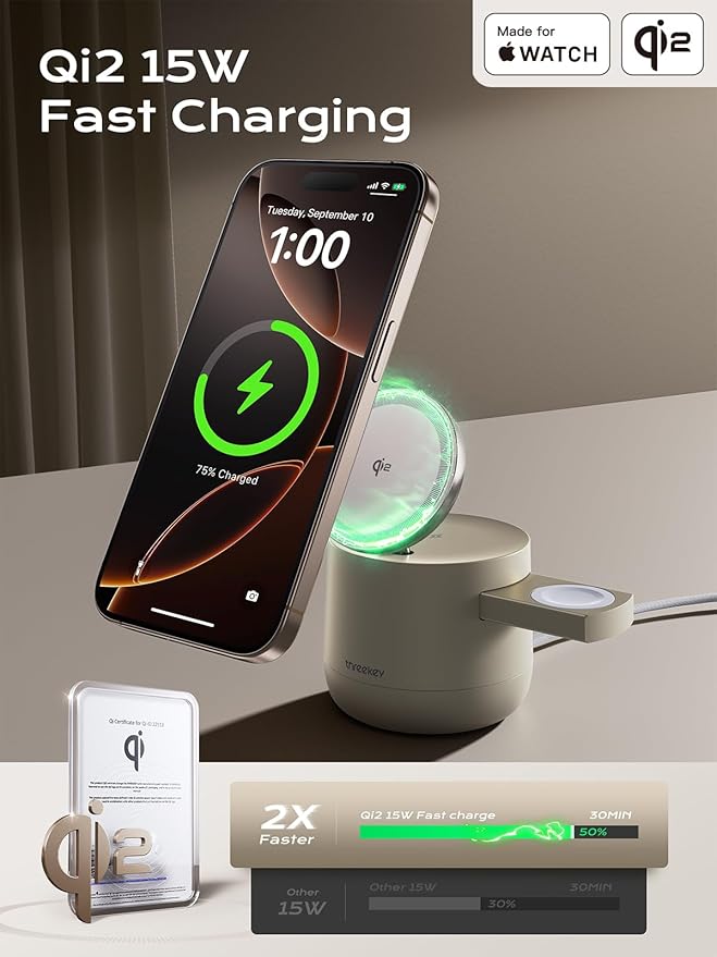 MFI Certified by Apple, 4 in 1 Magsafe Wireless Charging Station, Qi2 15W Magsafe Charger for iPhone 17/16/15/14/13/12 Series, iWatch, Airpods, iPad, 65W Charger Included (Sand, 4 in 1)