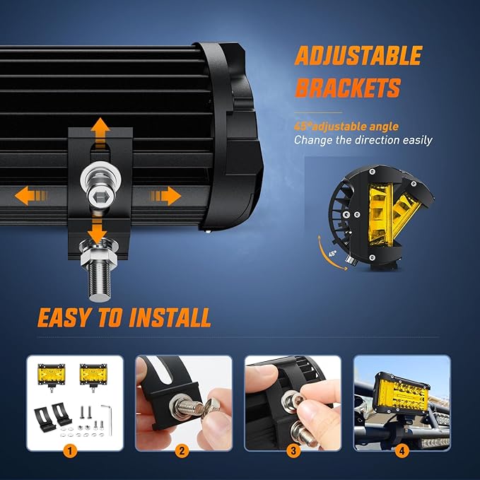 Nilight Side Shooter LED Light Bar 2PCS 4.3Inch Triple Row Spot Flood Combo Yellow Beam Lighting with 5Pin Rocker Switch Wiring Harness Kit for Off Road Light on Truck SUV ATV UTV