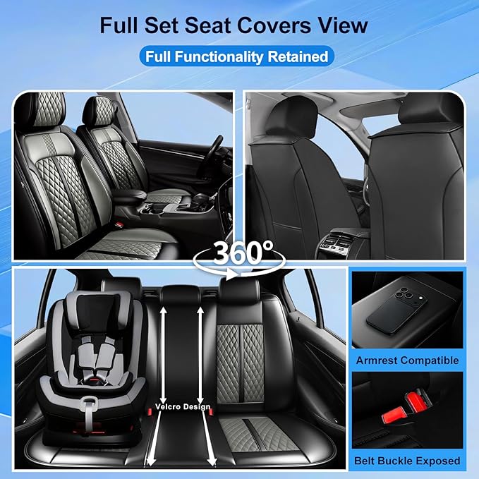 Fit Sonic Car Seat Covers for Select Chevrolet/Chevy Sonic 2012-2020, Premium Full Coverage Leather, Airbag Compatible, Waterproof All Weather Seat Cushion Protector, Front Pair Black+Gray