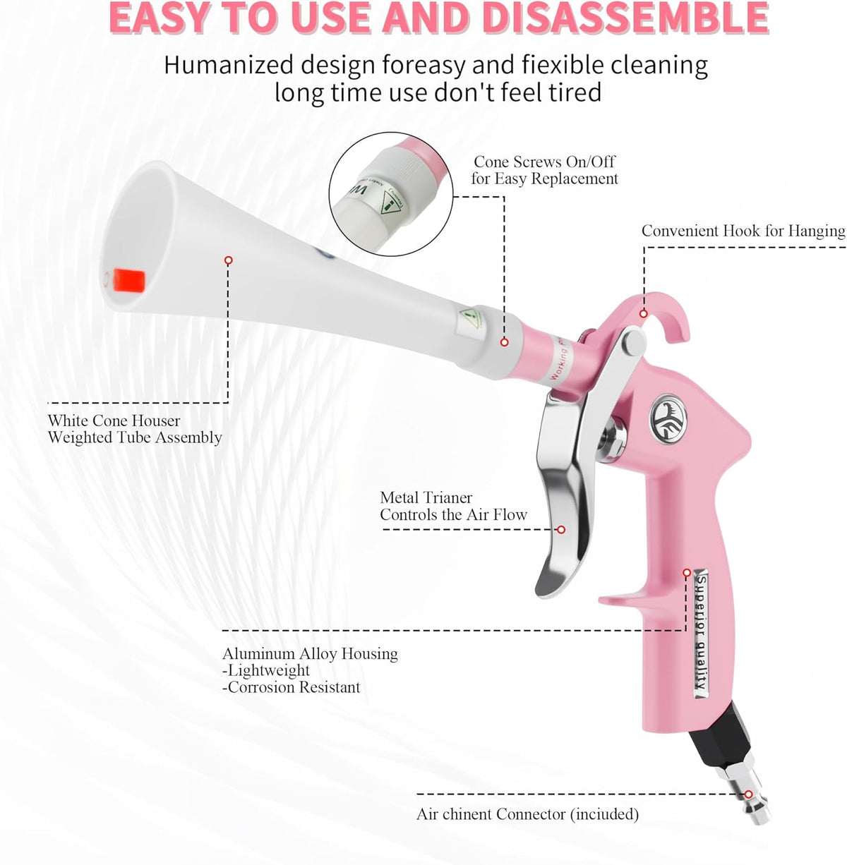 Tornado Dry Cleaning Gun Detailing Interior Dryer Air Blow Gun High Pressure Blower Gun for Women Car Detailing Kit Interior Cleaner Works with Air Compressor and Quickly Removes Surface Dirt Pink