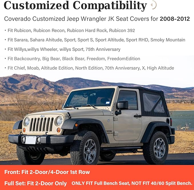 Coverado Wrangler JK Seat Covers 2 Door for Jeep, Waterproof Leather Car Seat Cover for Jeep Wrangler Vehicle Truck Accessories Custom Fit for 2008-2012 Jeep Wrangler Seat Covers Full Coverage(Blue)