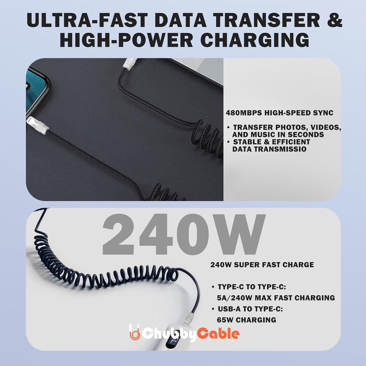 chubbycable Curly Chubby - Retractable Fast Charging Cable 240W Coiled Charger Cord for Car Durable USB-C Cable for Phones, Tablets and More, Gray, Type-C to Type-C, 1.3FT-2.3FT