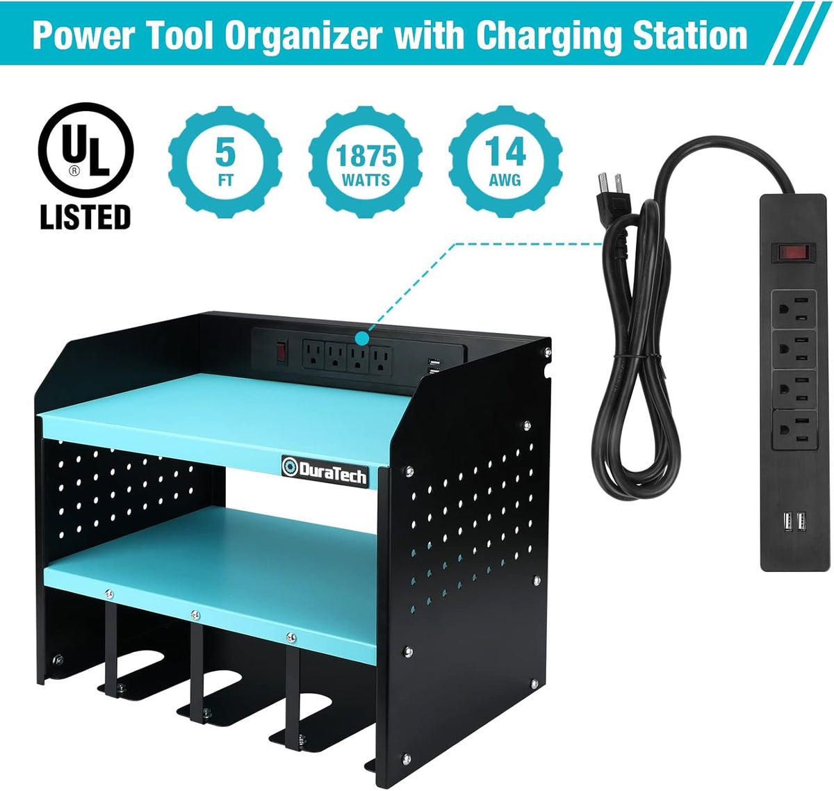 DURATECH Power Tool Organizer Wall Mount with Power Strip, Carbon Steel, Blue, 16.8in Width, 10.9in Depth, 14in Height