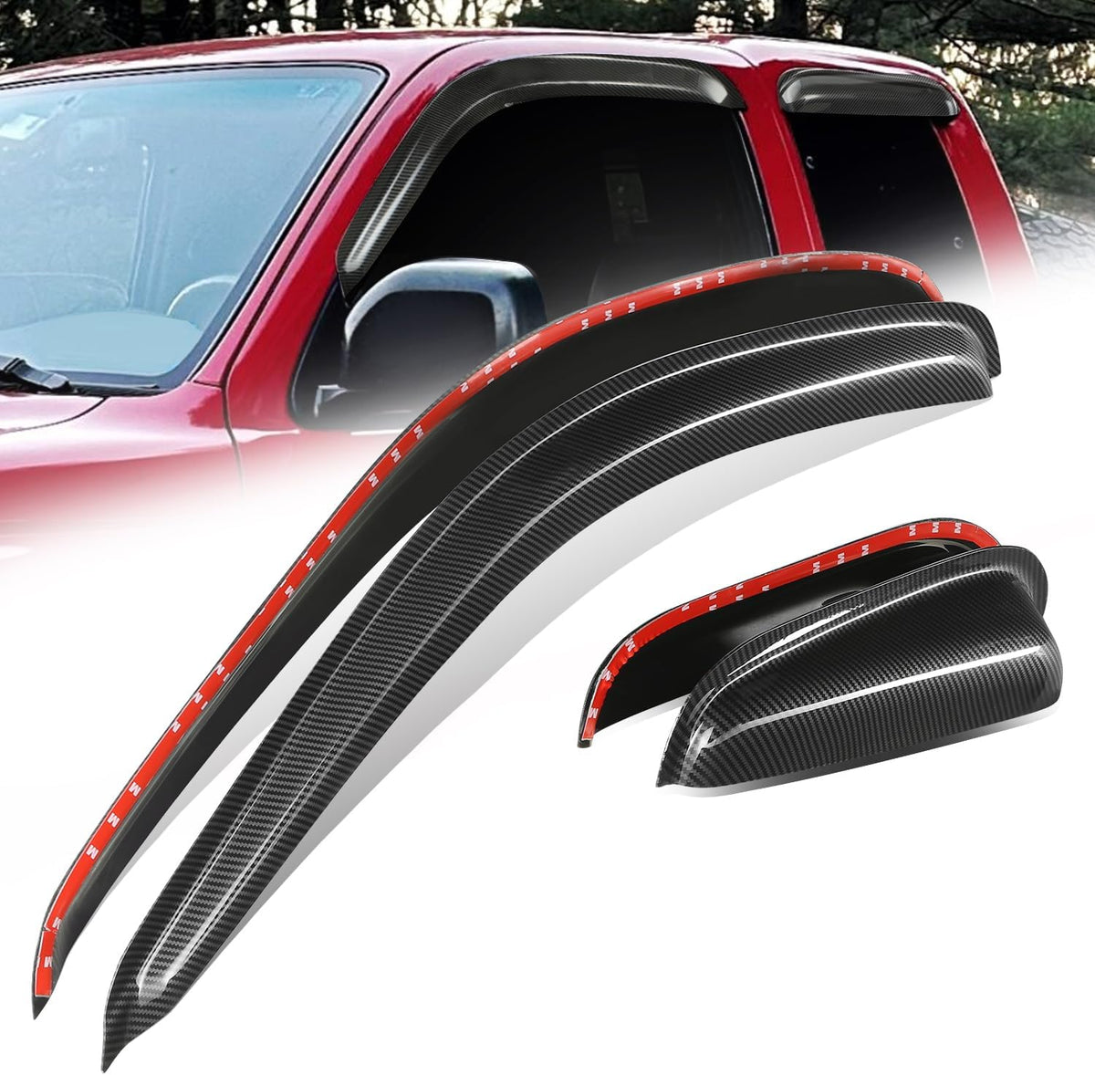 Auto Dynasty 4Pcs Carbon Fiber Pattern Window Visors Compatible with 1995-2004 Toyota Tacoma Extended Cab, Tape-On Front & Rear Window Deflectors Rain Guards Sun Wind Air Side Vent Shade, Glossy Black