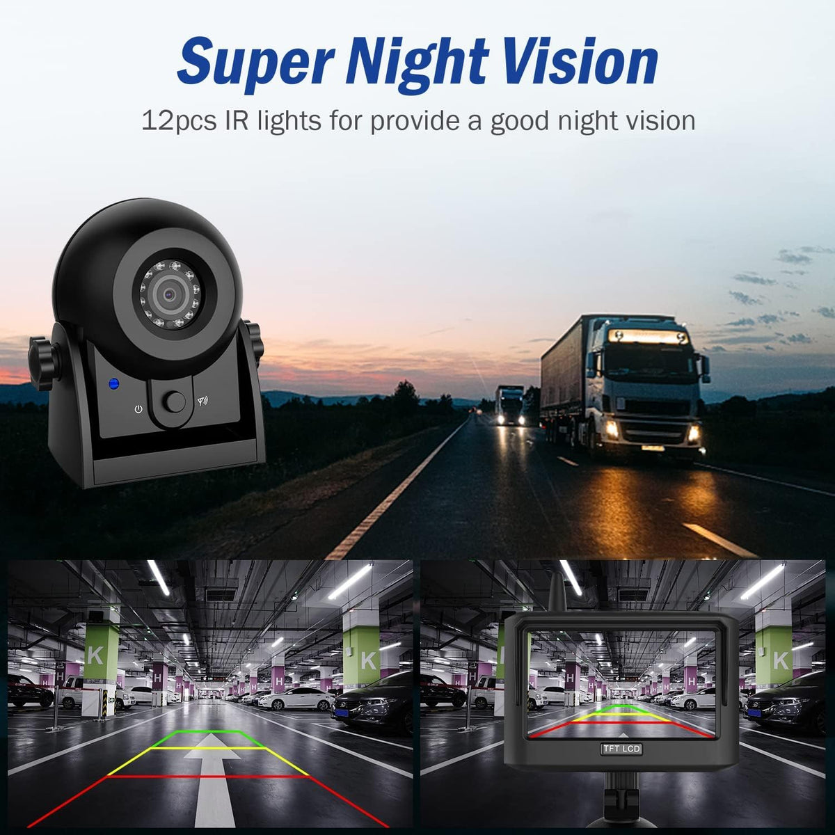 Magnetic Wireless Trailer Backup Camera System, 4.3inch TFT LCD Monitor & IP68 Waterproof Rechargeable Rear View Camera, Easy to use for Trucks/Campers/SUV/Cars(MS-348)