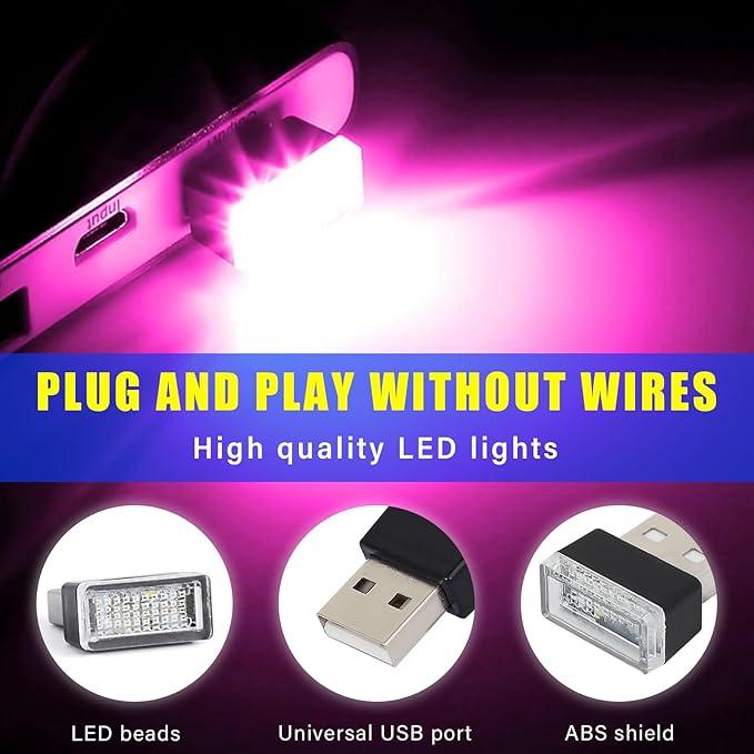 Augeny 4 PCS USB LED Car Interior Atmosphere Lamp, Plug-in USB Decor Night Light, Portable Auto Ambient Lighting Kit, Universal Vehicle Interior Accessories for Most Cars (Purple)