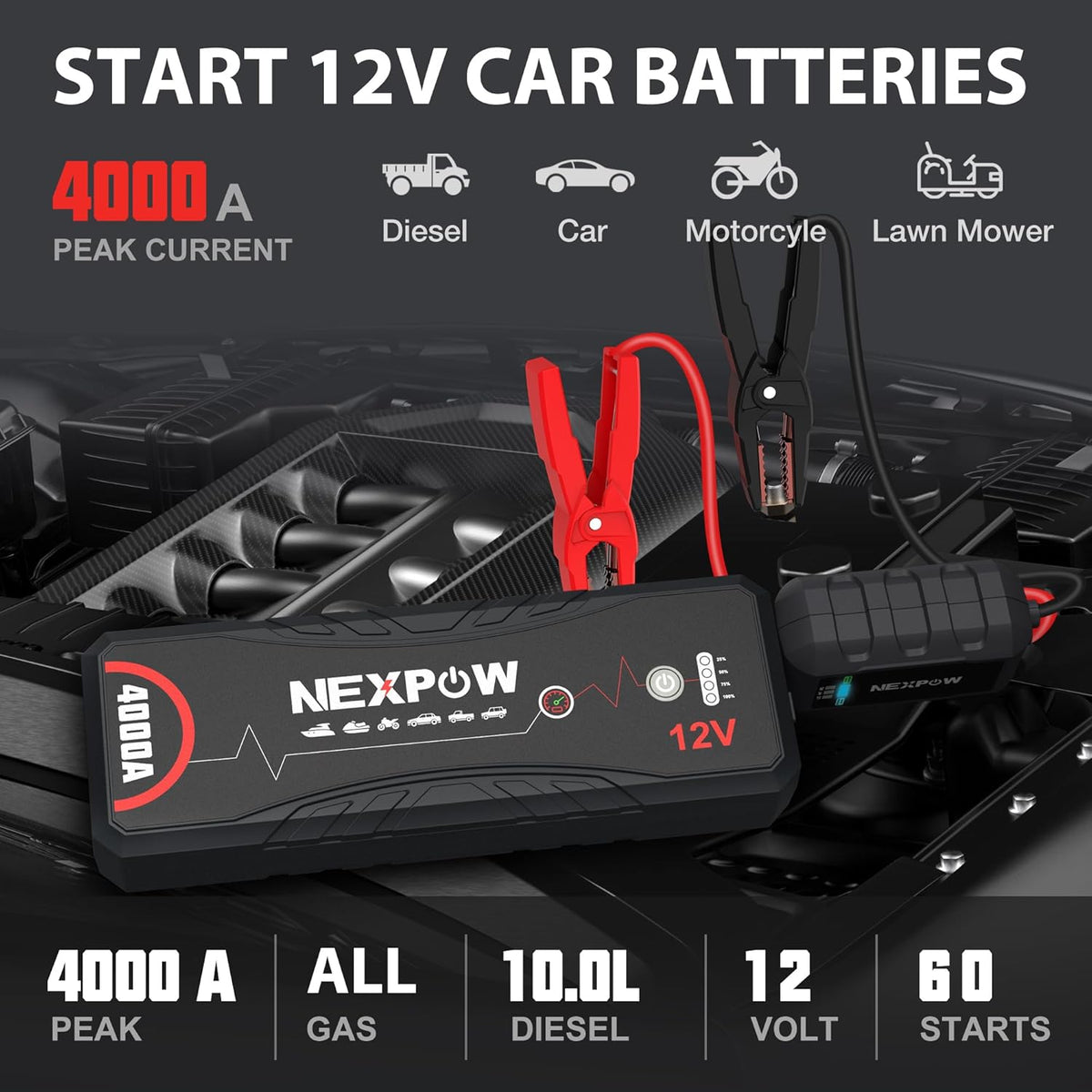 NEXPOW Car Jump Starter 4000A Car Battery Jump Starter Portable Pack for Up to All Gas and 10.0L Diesel Engine 12V Jump Box, Jump Pack, Battery Booster, Portable Jumper Cables with LED Light/USB QC3.0