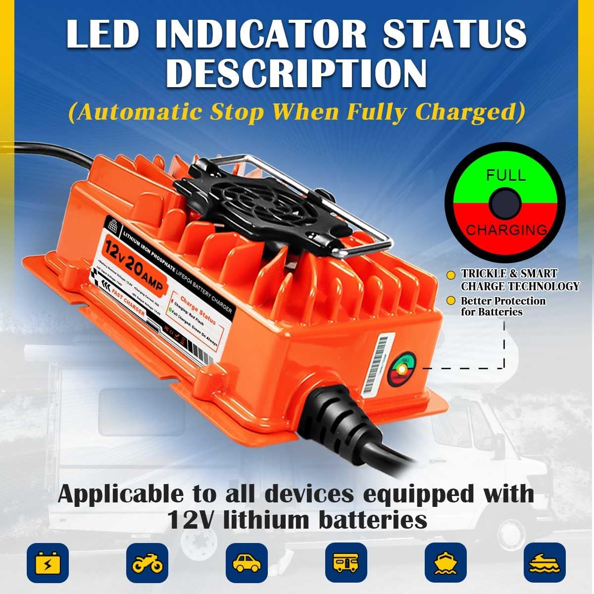 14.6V 20A LiFePO4 Battery Charger 12V Lithium Battery Charger with Anderson Plug AC to DC Smart Trickle Charger for Lithium Iron Deep Cycle Batteries of Trolling Motor RV Marine Car
