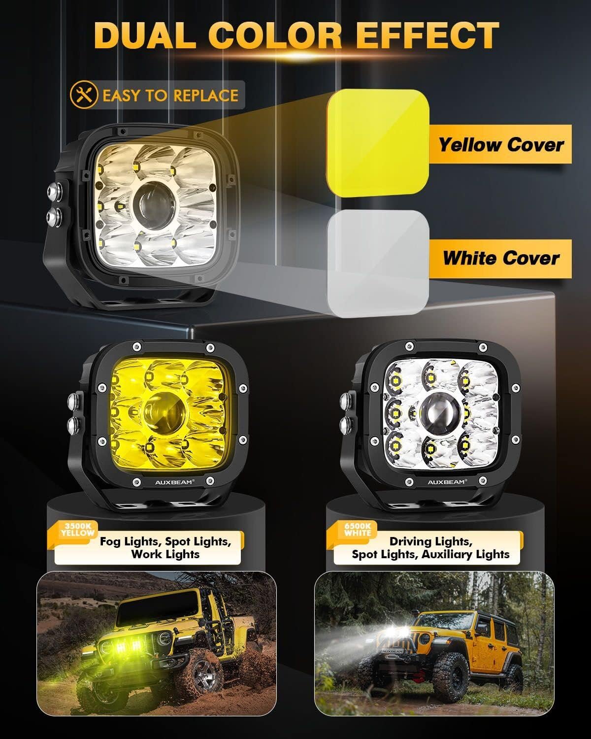 Auxbeam XP-Ultra Series 5 Inch LED Pod Lights 110W Hyper Spot Beam Cube Offroad Lights with Amber White Lens Covers Dual Color Off-Road Amber Fog Spotlight, Pair