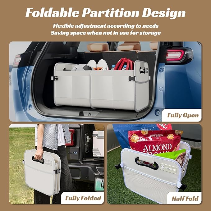 Sposuit Trunk Organizer for Car - 70L Collapsible Trunk Storage with 11 Pockets & Reinforced Handles, SUV Trunk Organizers for Grocery Cargo(White)