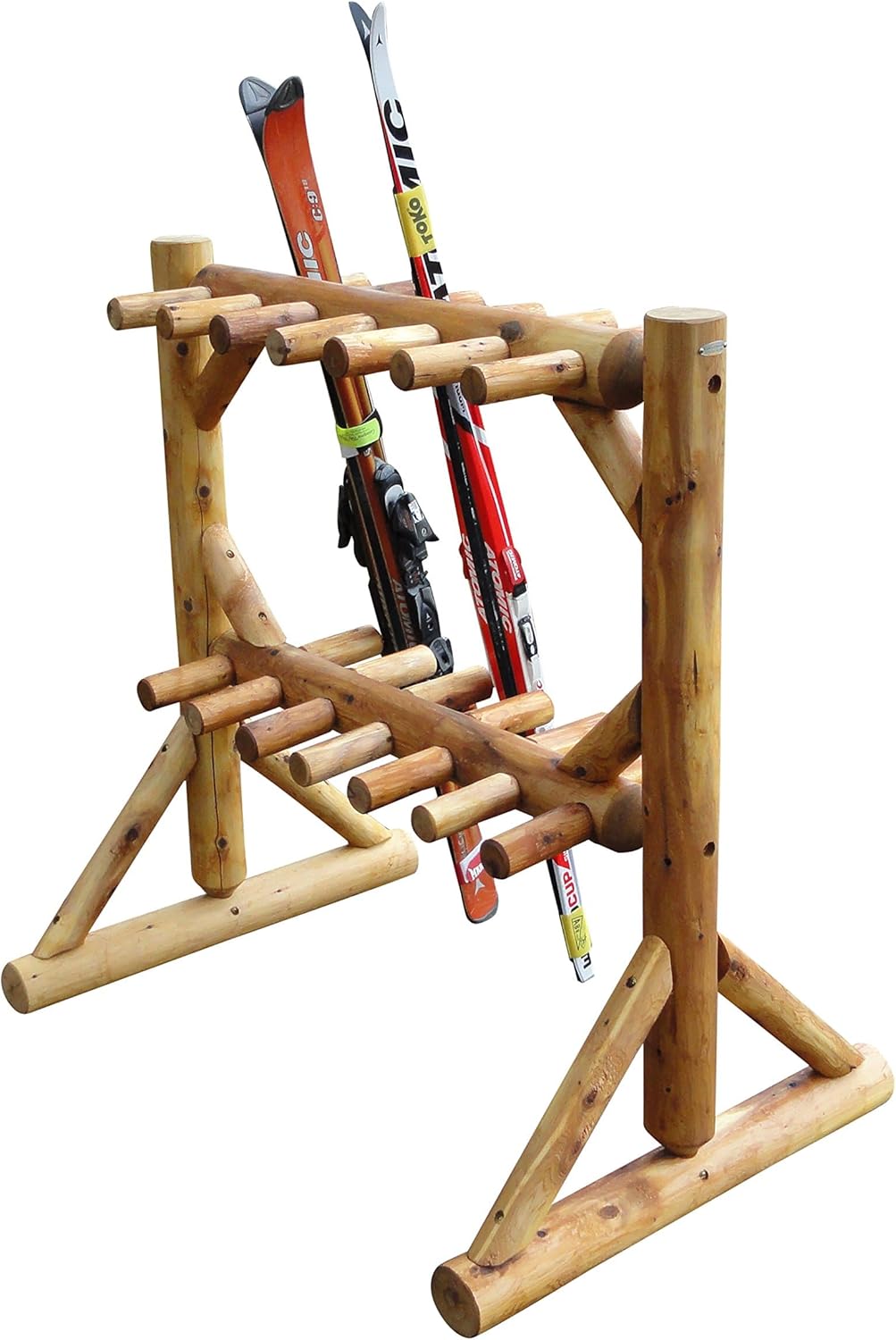 11-Place Freestanding Log Ski Rack Holder, Indoor & Outdoor Snowboard Racks, Standing Storage, Garage Racks for Snow Skis, Durable Snowboard Rack Garage Storage Organizer - Natural + 15" Anchor Kit