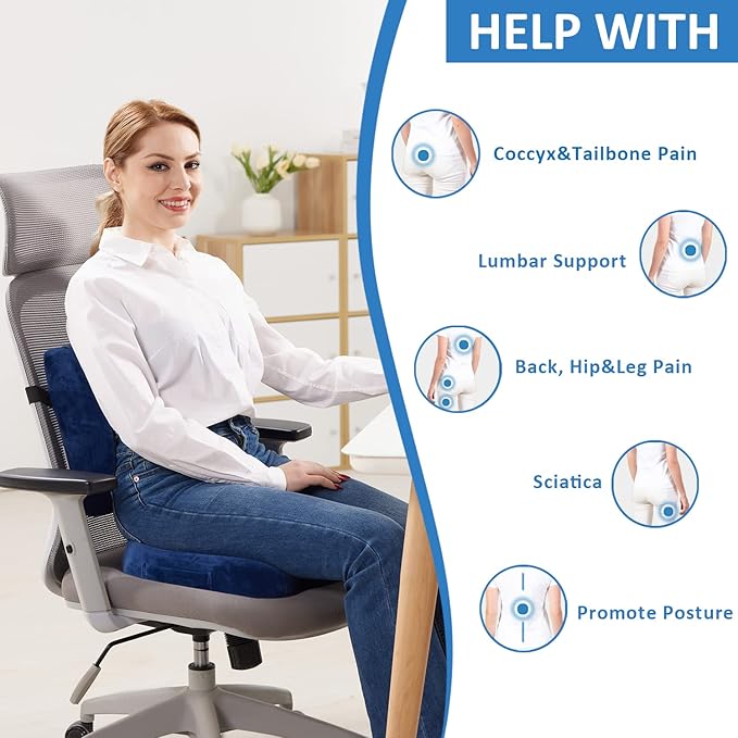 SAIREIDER Chair Cushion and Lumbar Support Pillow for Office Chair, Car Seat Cushions Back Support Pillows, Memory Foam Chair Support for Back&Lumbar, Relieve Tailbone Pain and Sciatica (Blue)