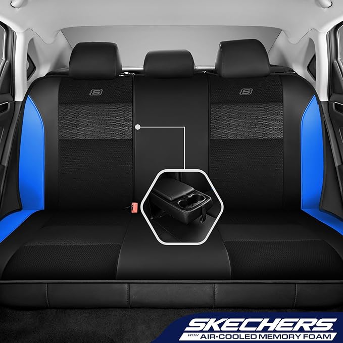 Skechers Aircooled & Memory Foam Seat Covers,Premium Leather with EVA Mesh Car Seat Covers,Seat Cover Full Sets,Airbag Compatible Automotive Comfort for Most Cars, Vans, Trucks, SUV,Blue
